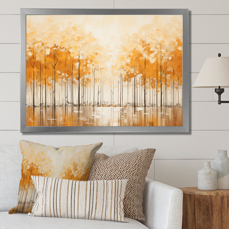 Minimalisme beige et forêt dorée III - impression, Cadre simple argenté, H 34 po x l 44 po x P 1,5 po