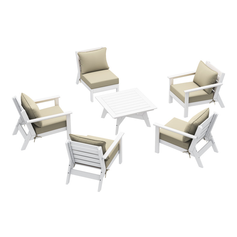 6-Piece Deep Seating Set, White, Beige