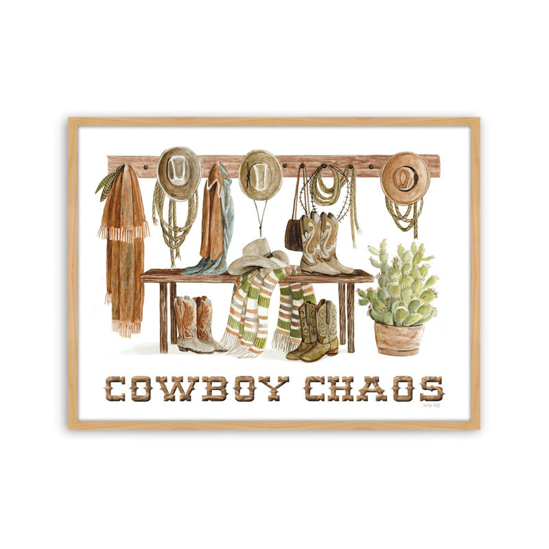 «Cowboy Chaos» par Cindy Jacobs, reproduction d'art, L 16 po x H 12 po, Tanné, Impression encadrée
