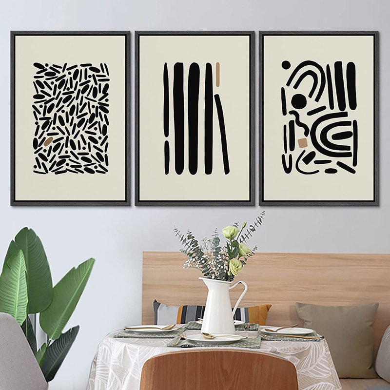 Black Framed Geometric Abstract Canvas Wall Art Set