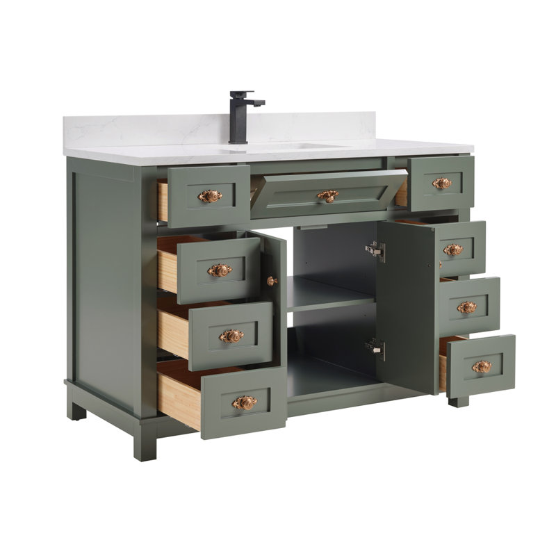 48" Solid Wood Bathroom Vanity with Engineered Stone Top, Single Sink, Pewter Green, Rose Gold