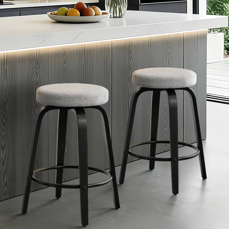 26 '' Swivel Upholstered Round Counter Stool With Bentwood Frame, Gray Seat/ Black Frame