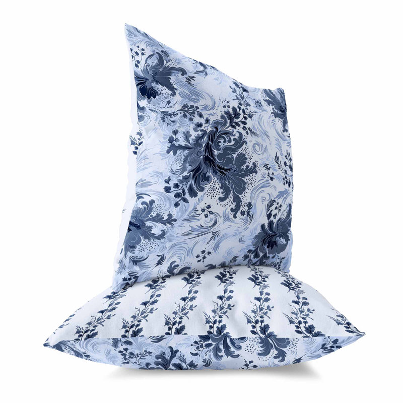 Blue and Gray Floral Faux Suede Square Throw Pillow