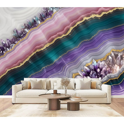 Peel and Stick Wallpaper Abstract Geode Crystal Purple Pink Teal Gold Accents Wall Murals 69"H x 96"W Removable PVC Wall Paper Self-Adhesive Wall Decor for Bedroom Living Room Nursery
