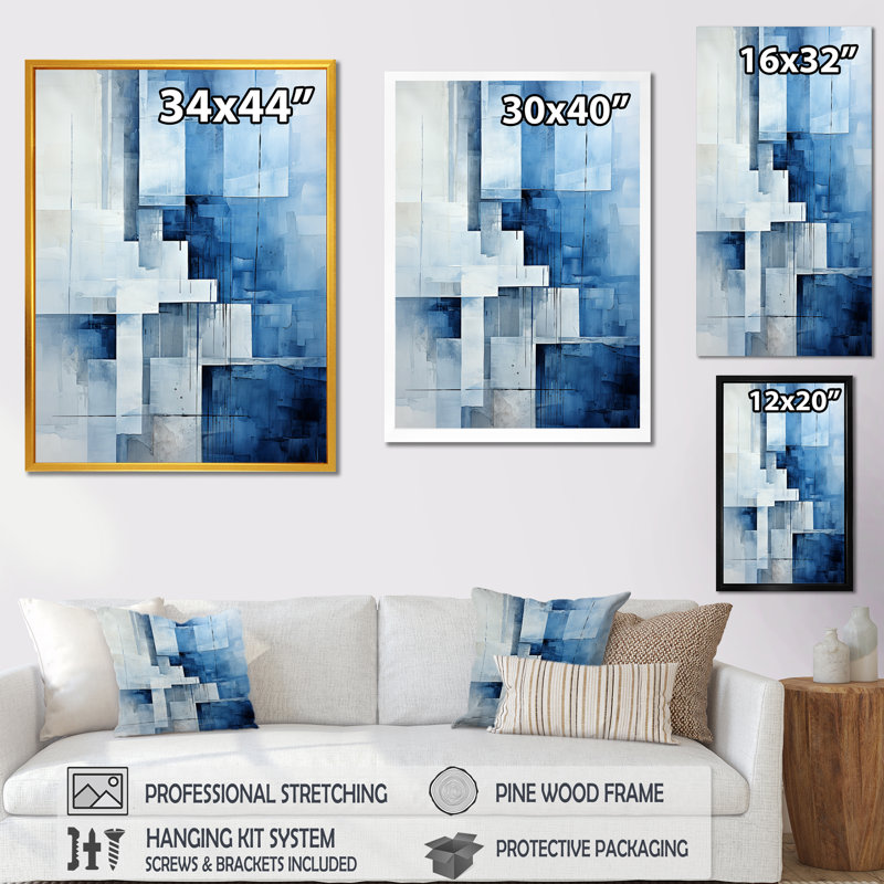 Collage bleu géométrique nautique - art minimaliste côtier, Cadre flottant doré, H 44 po x l 34 po x P 1,5 po