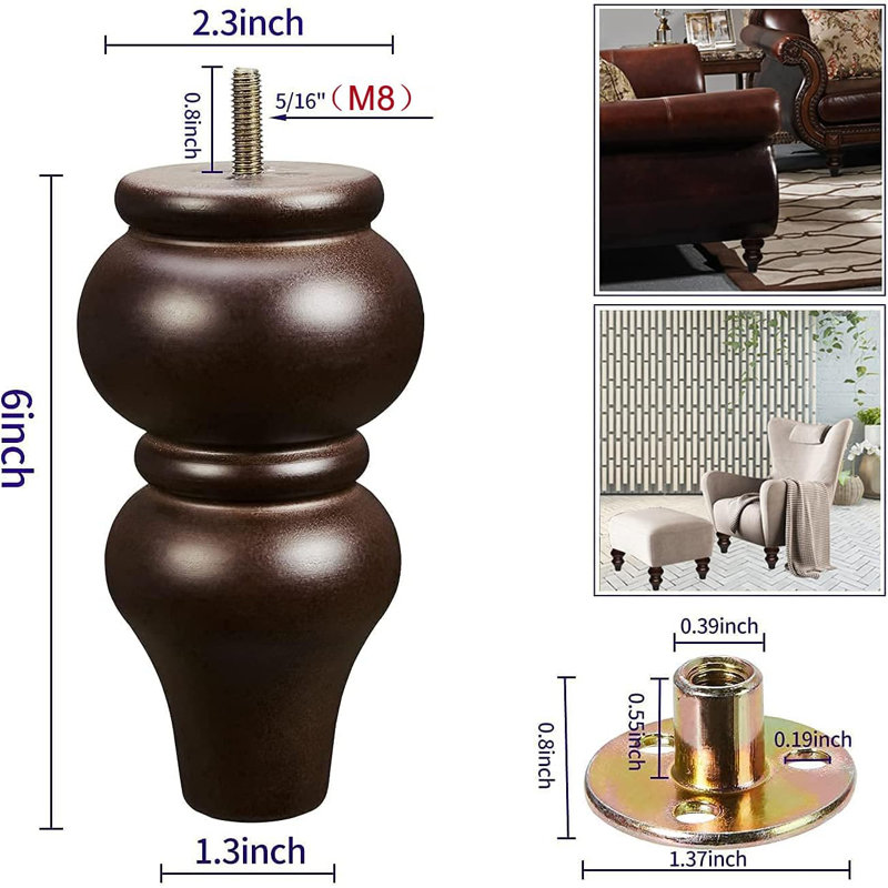 Ensemble de 4 pieds de remplacement pour canapé en bois massif de style Mid-Century pour chaises, commodes, armoires et tables basses