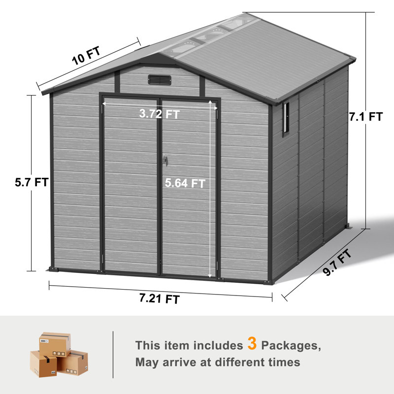 8 ft. W x 10 ft. D Durable Resin Outdoor Storage Shed With Floor, Waterproof UV-Resistant Plastic Garden Shed For Backyard Tools, Bikes & Equipment, Durable All-Weather Storage Shed For Outside