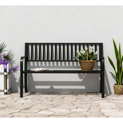 Banc de jardin à lattes, siège pour 2 personnes, courbé, métal noir, surface de patio exquise d'une hauteur de 32 po, banc d'extérieur, acier, profondeur de 50 po