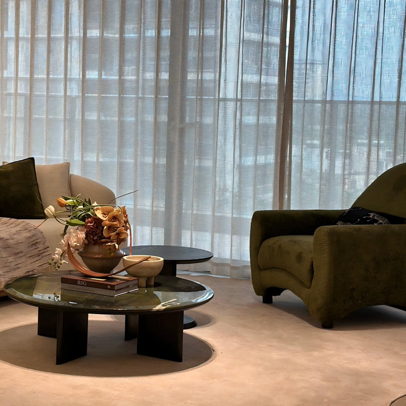 Round Coffee Table with Natural Green Marble Top, Ash Veneer Legs Matching Black Wood Side Table Modern Luxury Living Room Furniture