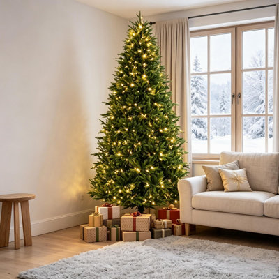 7.5-Foot Prelit Christmas Tree, Nordmann Fir with Lifelike Realistic Tips, Dual-Color LED Lights with 11 Customizable Modes, Included Remote
