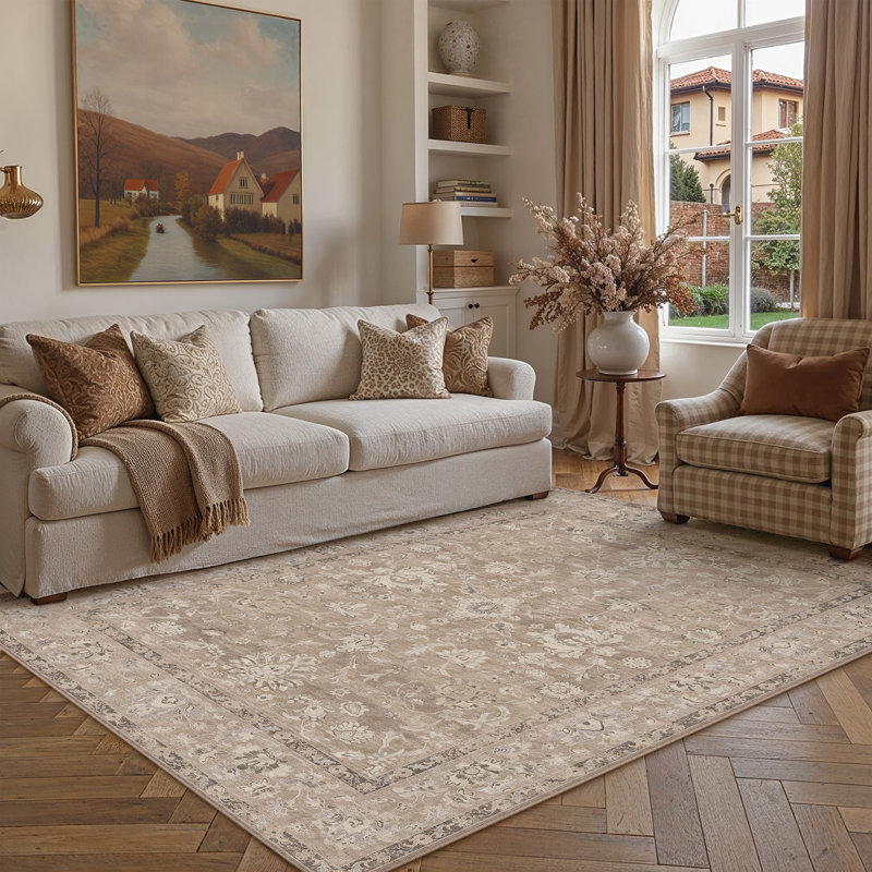 Tapis floral lavable à la machine avec envers antidérapant Veyra, Marron clair, Rectangle 5' x 7'