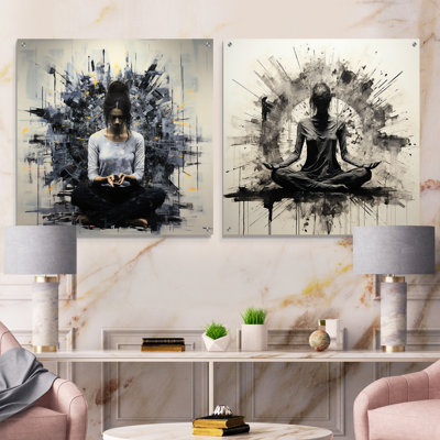 Minimalism Black And White Yoga Mediation - Yoga Acrylic Wall Art Glass Set Of 2