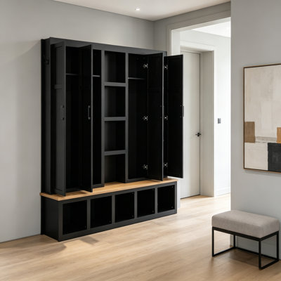 Black Mud-Brick House With Wood Grain, 4-In-1 Living Room Tree, 6 Hooks With Open Partition, Entrance Shoe Cabinet And Hallway Seating Integrated.