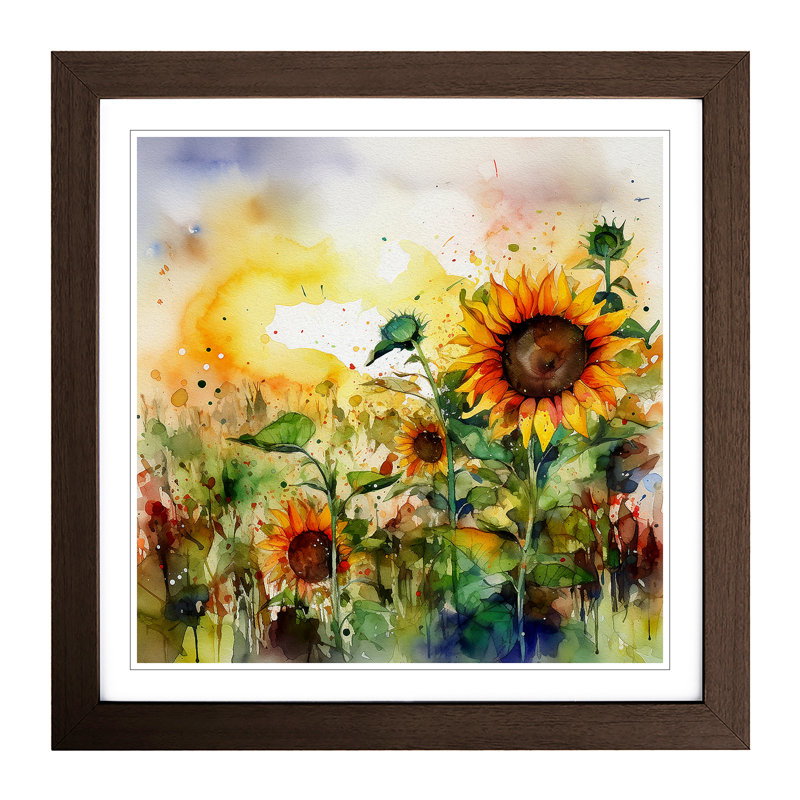 Sunflower Field No.1 - Single Picture Frame Print on Wood, Walnut