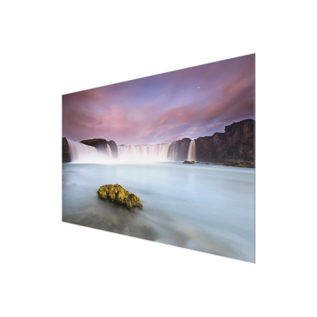 Glasbild Goðafoss und der Mond