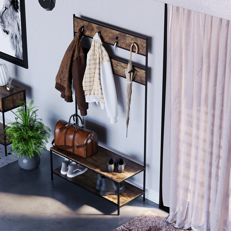 Sylvie Iron Industrial Hall Tree with Bench and Shoe Storage, Dark Wood