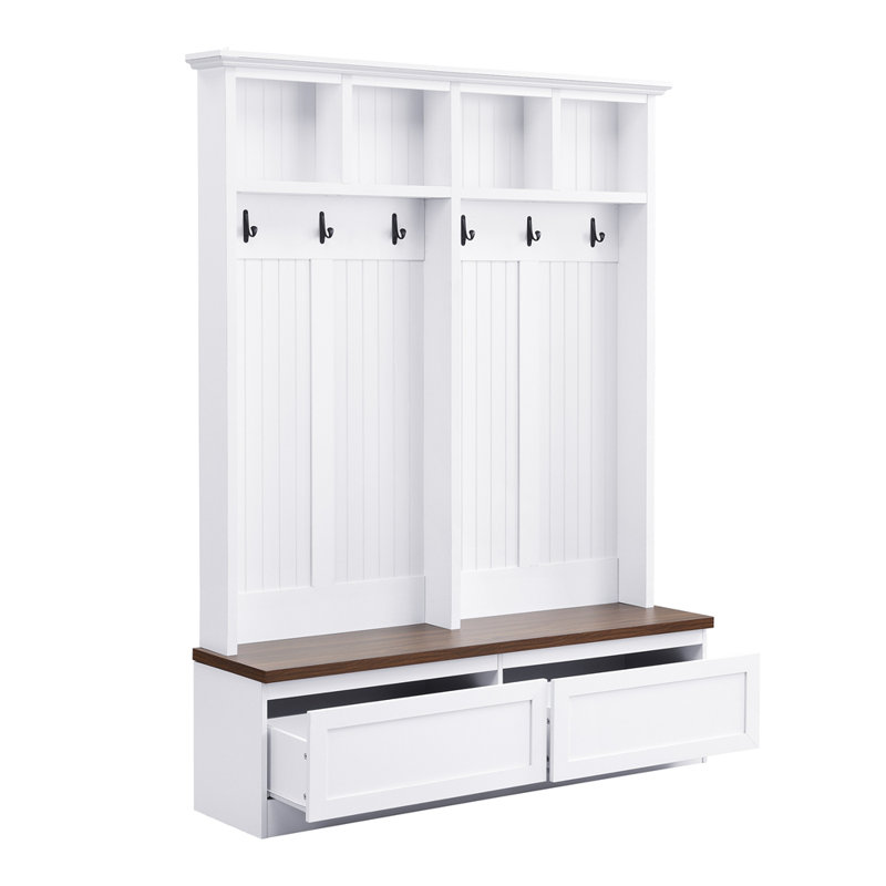 Farmhouse 4-In-1 Hall Tree With Wood Grain Bench, Mudroom Versatile Coat Rack With 2 Large Drawers, Entrance Organizer For Hallway And Living Room