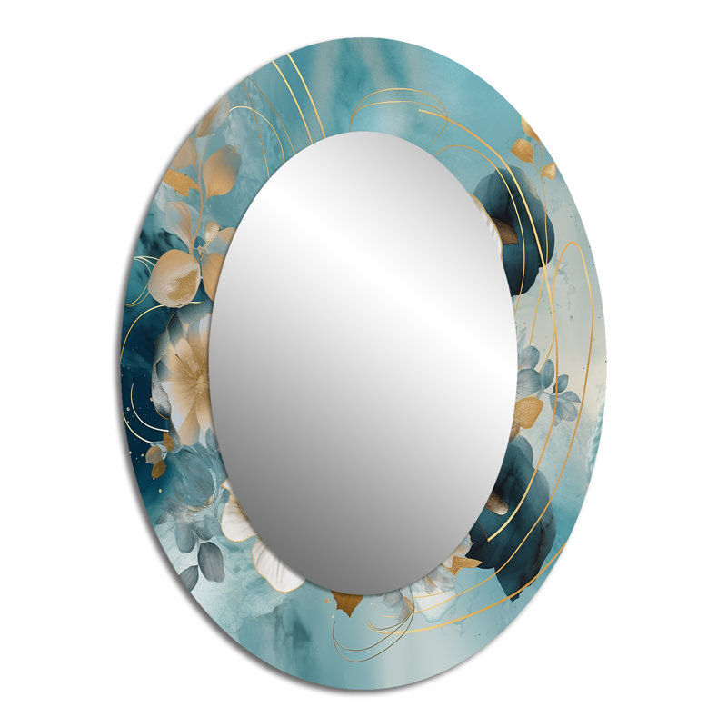 Miroir décoratif floral ovale sur marbre bleu et floral doré IV, 40 po x 30 po
