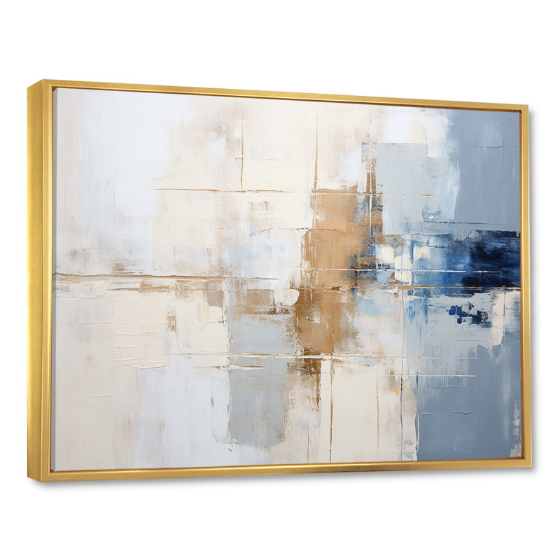 Peinture blanche et bleue Fusion - peinture abstraite, art mural, Cadre flottant doré, H 12 po x l 20 po x P 1 po