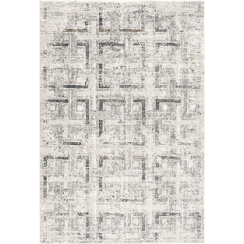 Tapis tissé à la machine abstrait 8 pi x 11 pi gris et ivoire, Rectangle 7 pi x 10 pi
