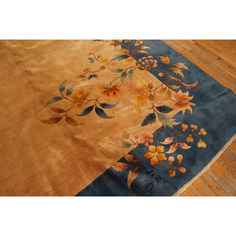 Tapis antiques Art déco chinois floral bleu marine, ivoire, beige, crème, blanc, années 30