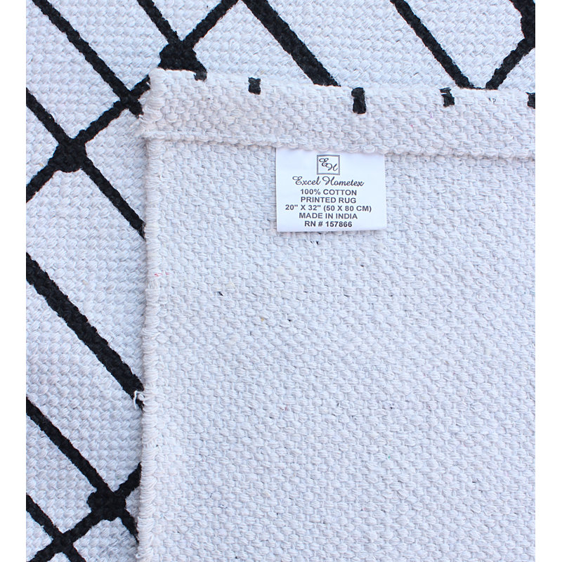 Tapis noir/blanc à usage intérieur/extérieur en coton noué la à la main Hashir