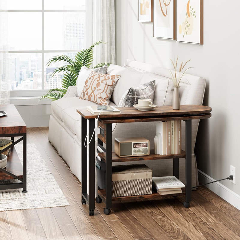 360° Rotating Side Table with Charging Station & Storage Bag, 6 Lockable Wheels, Mobile Swivel End Table for Bedroom, Living Room