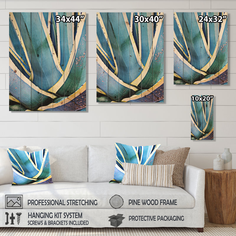Gros plan sur des feuilles de plante d'agave - reproduction d'art sur bois sans cadre, H 40 po x l 30 po x 1,5 po