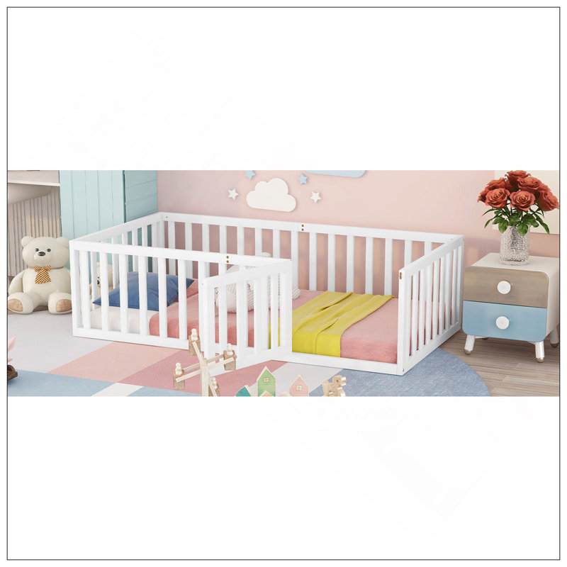 Twin Size Wood Floor Bed Frame With Fence And Door, White