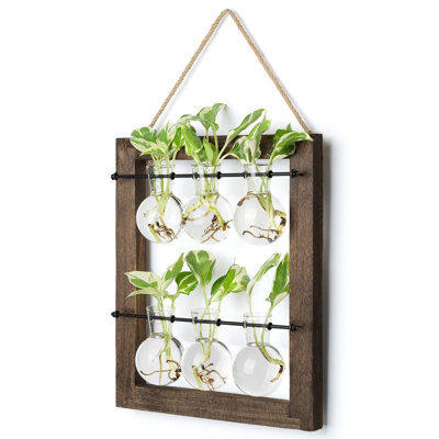 Propagation station suspendue pot de fleurs en verre, vase à bulbes de fleurs terrarium avec support en bois rétro double couche pour plantes hydroponiques décoration de bureau de jardin