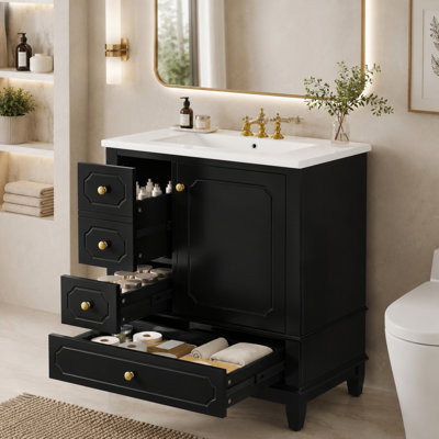 Meuble-lavabo autoportant de 30 po Velmori avec comptoir en céramique et rangement intelligent