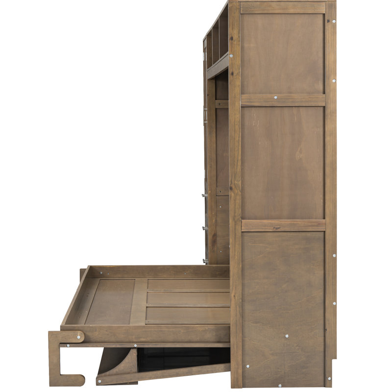 Lit double avec garde-robe, tiroirs, tablettes ouvertes et longue tablette en bois antique, décoration élégante et pratique