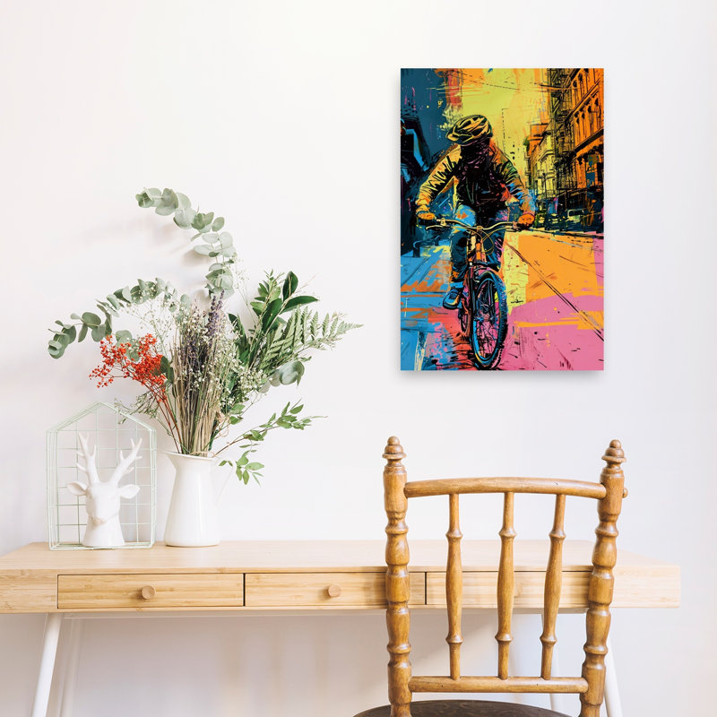 «Vibrant City Cyclist Contemporary Mountain Architecture», reproduction d'art murale, H 24 po x l 16 po