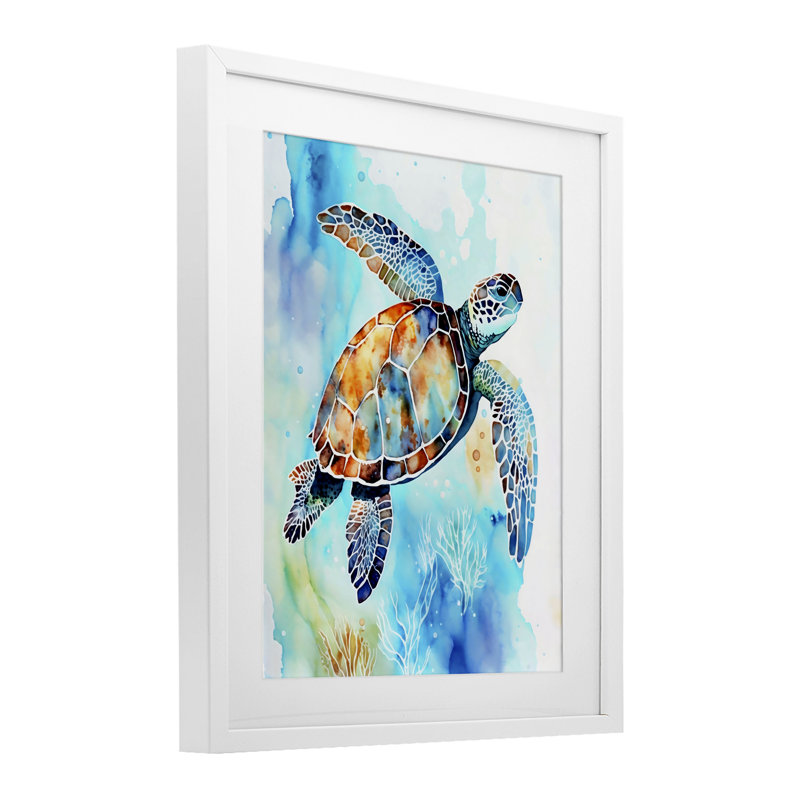 Tortue de mer de style aquarelle, reproduction encadrée sous verre, design par LSR Creative Studio, H 21 po x l 17 po