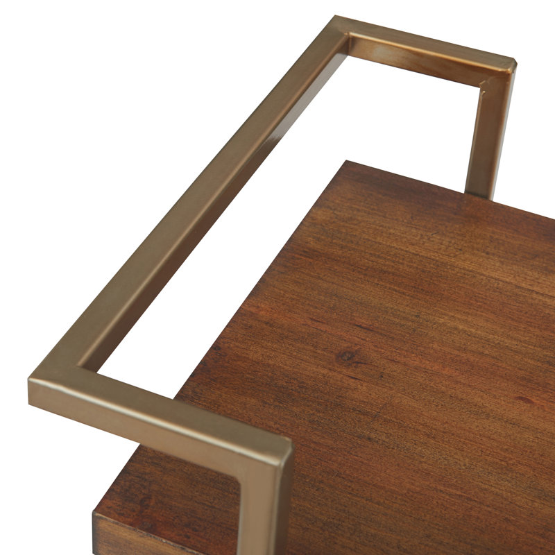 Industrial Walnut & Gold Bar Cart with Wine Rack and Storage