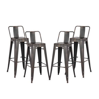 Tabouret de bar 24 po en métal de style rustique rustique avec dossier, tabouret de bar de cuisine, construction légère et robuste, ensemble de 4 - noir mat