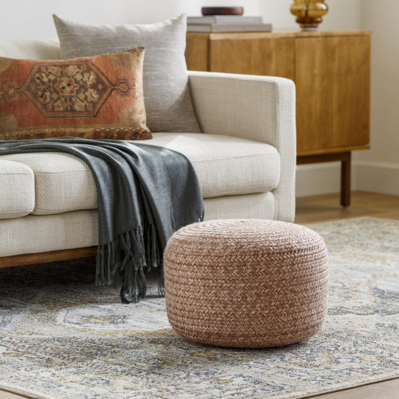 Upholstered Pouf, Natural Polyester Blend