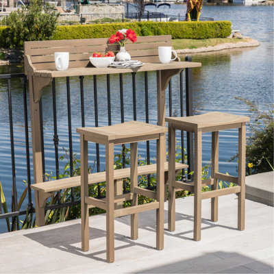 3-Piece Balcony Bar Set with Bottom Shelf Table and 2 Stools, Grey Finish