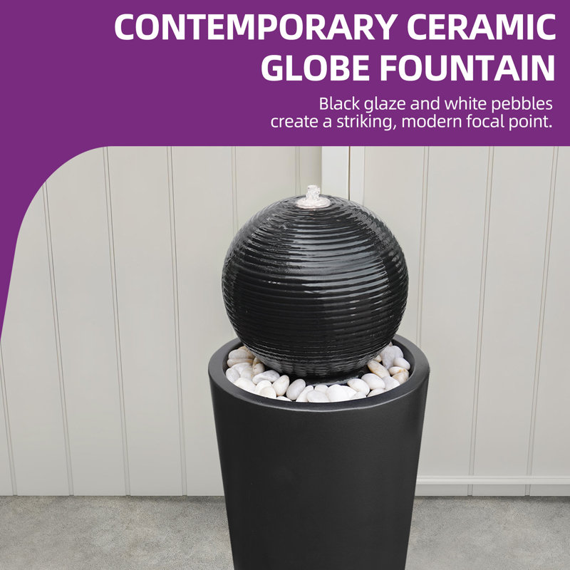 30in Tall Ceramic Sphere Water Fountian Outdoor with LED Light and Pebbled, Weahter-Resistant Kiln-Fired Black Glaze, Black