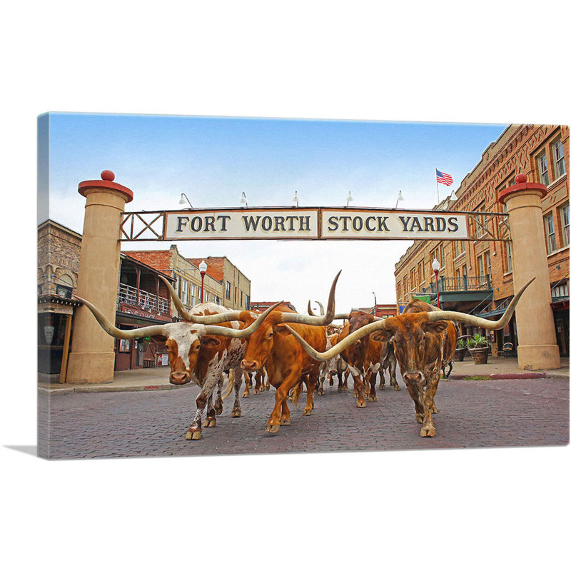 Fort Worth, Texas Bulls Stock Yards - impression sur toile tendue, H 26 po x l 40 po x 1,5 po
