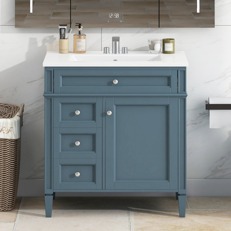 Bathroom Vanity With Single Sink, Bathroom Storage Cabinet With 2 Drawers And A Tip-Out Drawer, Blue