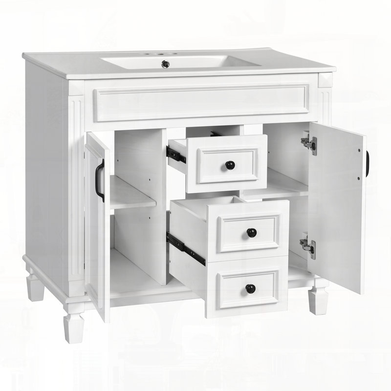 Meuble-lavabo moderne avec lavabo supérieur et tiroirs à fermeture en douceur, Blanc