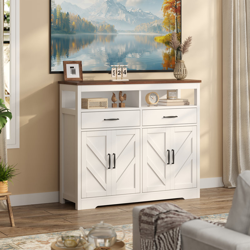47" Farmhouse Buffet Cabinet with 4 Doors, Kitchen Storage Cabinet & Sideboard, Large Coffee Bar Cabinet with Adjustable Shelves for Dining Room, Entryway, Living Room, Buffet Sideboard, White