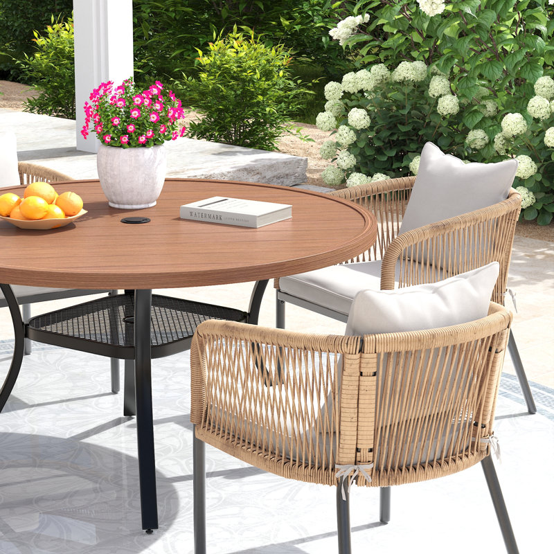 Chaises de salle à manger d'extérieur en PE avec coussins 4 pièces, Coussin beige / accoudoir naturel