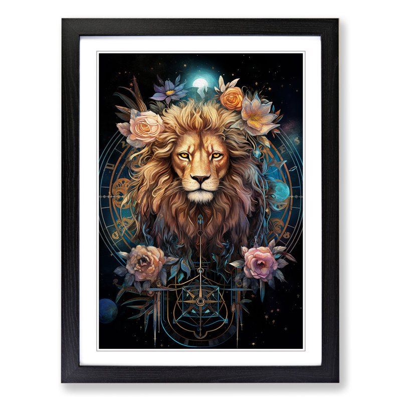 XYZ-FRM-V1223-4152 Leo Zodiac Informel - Single Picture Frame Print on Wood, 46cm H x 34cm W x 2cm D, Black