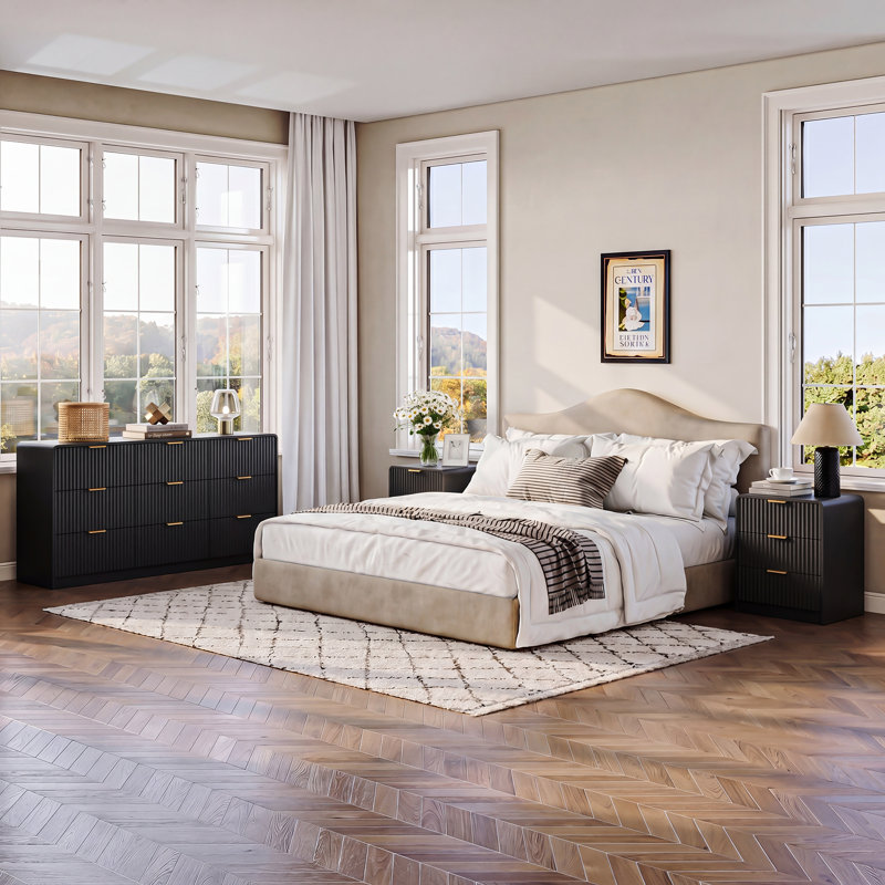Commode à 9 tiroirs l 63 po avec poignées dorées, commode pour chambre à coucher, salon, noir, Noir