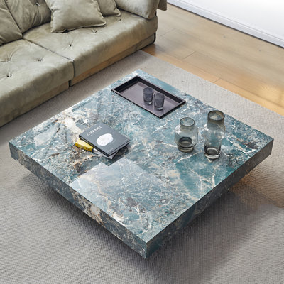Table basse carrée surdimensionnée de 47,24 po, table basse moderne de style marbre avec plateau intégré, table centrale à profil bas pour le salon, table d'appoint verte et noire, assemblage facile