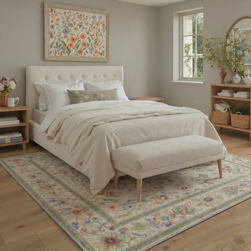 Allsop Aura Floral Machine Washable Blue / Pink / Green / Beige Indoor Area Rug with Non-Slip Backing, Rectangle 9' x 12'