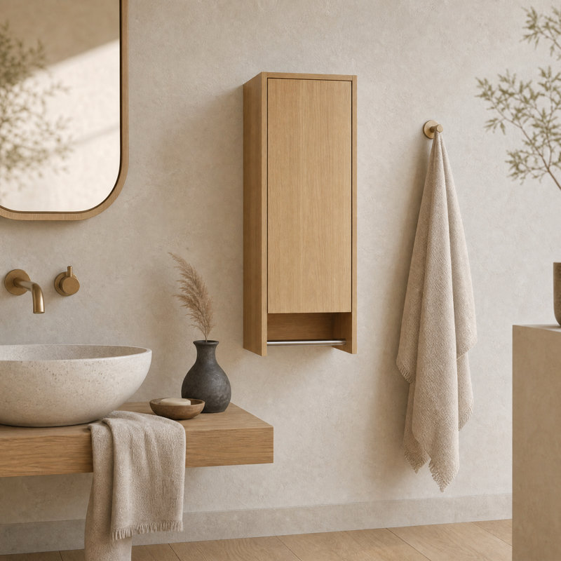 Armoire murale 12 po, porte à fermeture douce, organisateur de rangement de salle de bain en chêne original avec tablette réglable et porte-serviettes pour les petits espaces