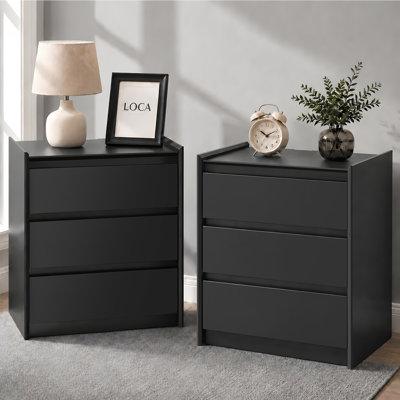Modern Minimalist Nightstand with 3 Drawers & Hidden Charging Station, Black Set of 2